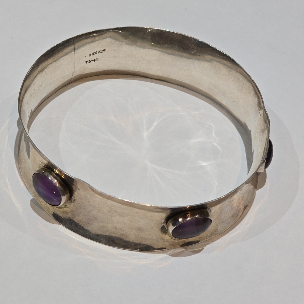 Vintage Mexico TS-10 925 sterling silver bangle with deep real purple amethysts - Picture 3 of 8